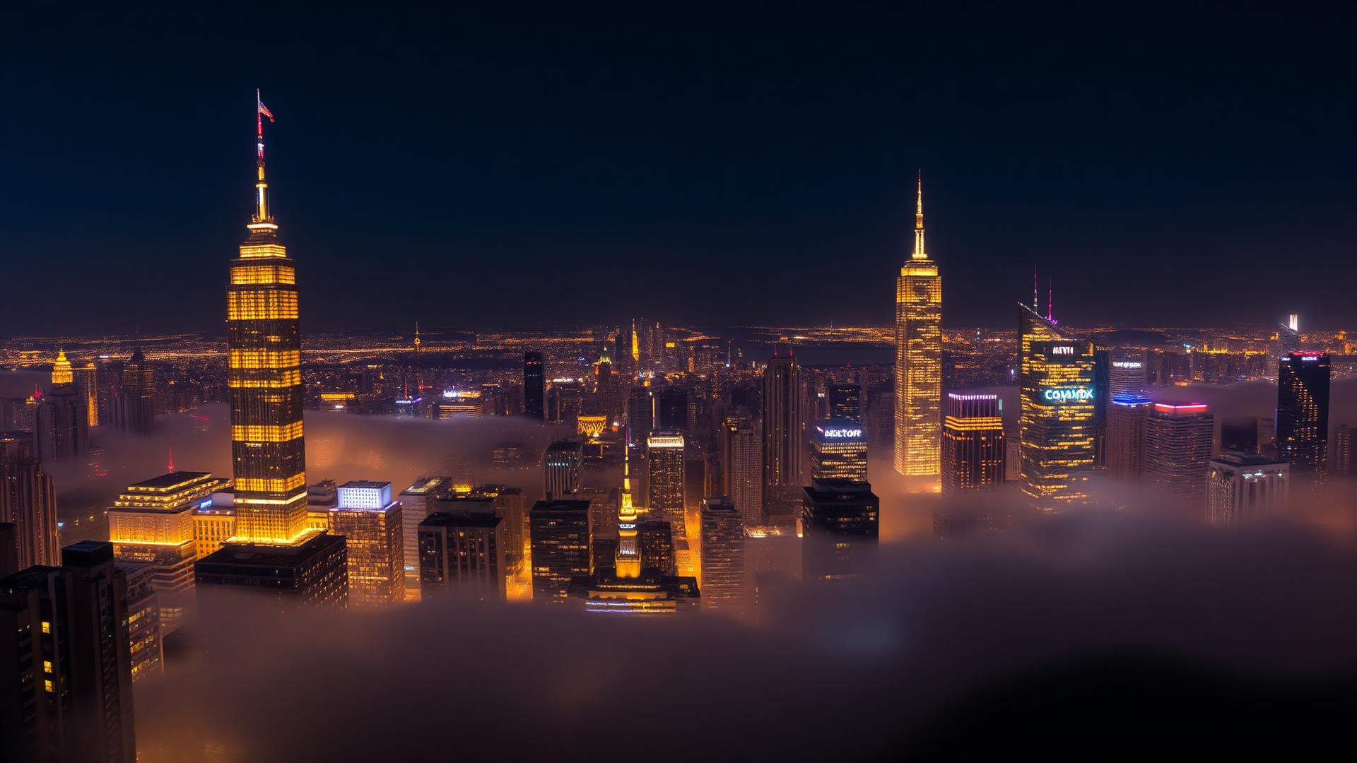 Same city skyline with every landmark illuminated